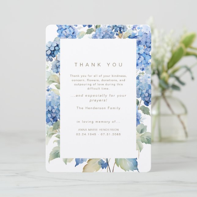 Tarjeta De Agradecimiento Blue Hydrangeas Bereavement Funeral Gracias (Anverso de pie)