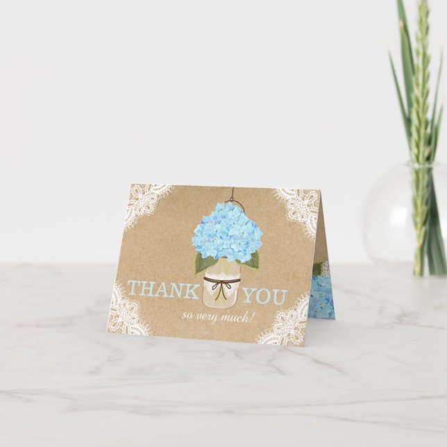 Tarjeta De Agradecimiento Blue Hydrangeas Lace Kraft Rustic Modern Gracias (Anverso)