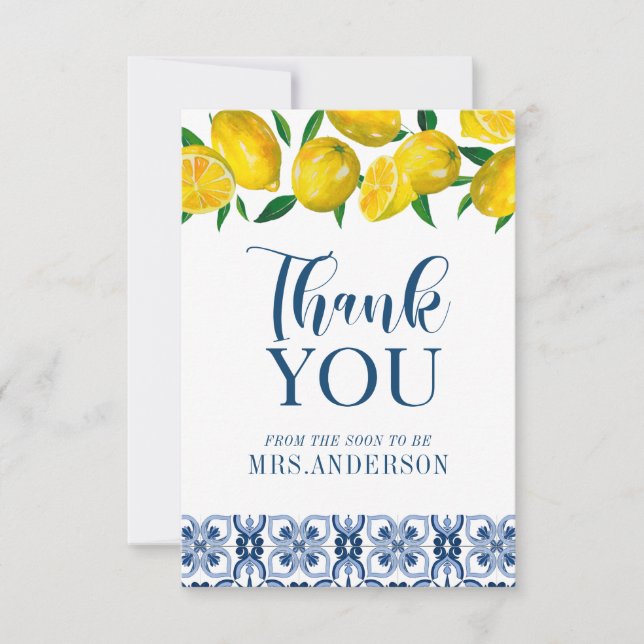 Tarjeta De Agradecimiento Blue Italian Tile Lemon Bridal Shower (Anverso)