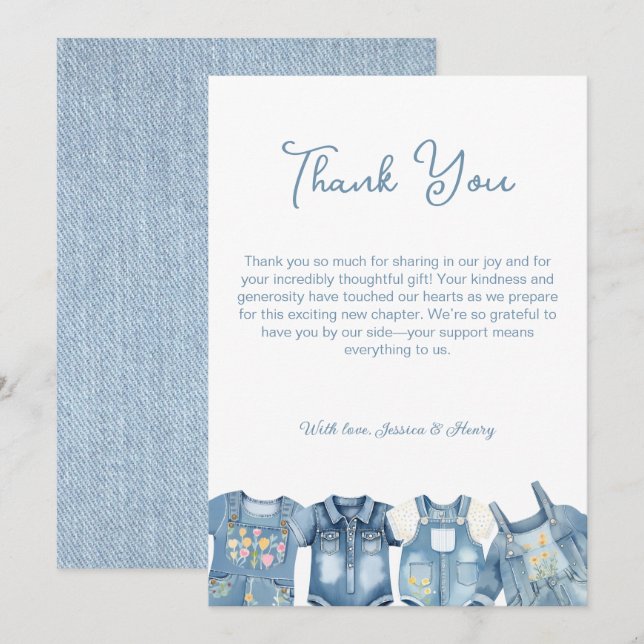 Tarjeta De Agradecimiento Blue Jean Baby Denim Jumpsuit Baby Shower (Anverso / Reverso)