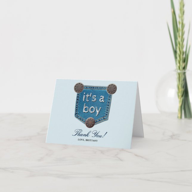 Tarjeta De Agradecimiento Blue Jean Denim It's a Boy Baby Shower (Anverso)