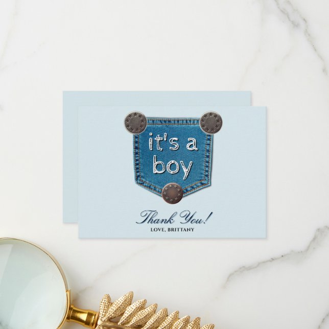 Tarjeta De Agradecimiento Blue Jeans It's a Boy Baby Shower (Anverso/Reverso In Situ)
