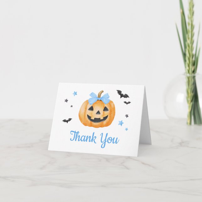 Tarjeta De Agradecimiento Blue Little Boo Spookkin Pumpkin Baby Shower (Anverso)