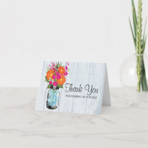 Tarjeta De Agradecimiento Blue Mason Jar y Gerber Daisies