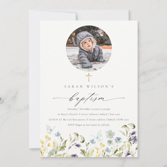 Tarjeta De Agradecimiento Blue Meadow Floral Mariposa Foto Baptismo Invitaci (Anverso)