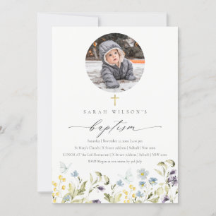 Tarjeta De Agradecimiento Blue Meadow Floral Mariposa Foto Baptismo Invitaci