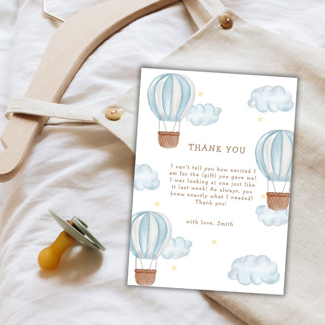Tarjeta De Agradecimiento Blue Modern Hot Air Balloon Cloud Boy Baby Shower (Blue Modern Hot Air Balloon Cloud Boy Baby Shower Thank You Card)