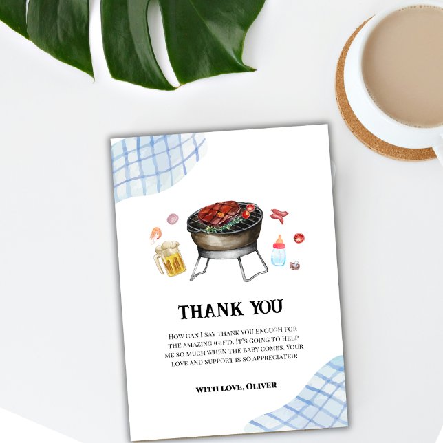 Tarjeta De Agradecimiento Blue Modern Plaid Retro Country Baby Q Baby Shower (Blue Modern Plaid Retro Country Baby Q Baby Shower Thank You Card)