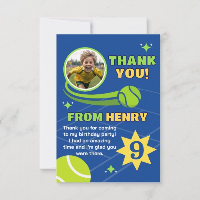 Tarjeta De Agradecimiento Blue Modern Tennis Ball Birthday Kids (Anverso)