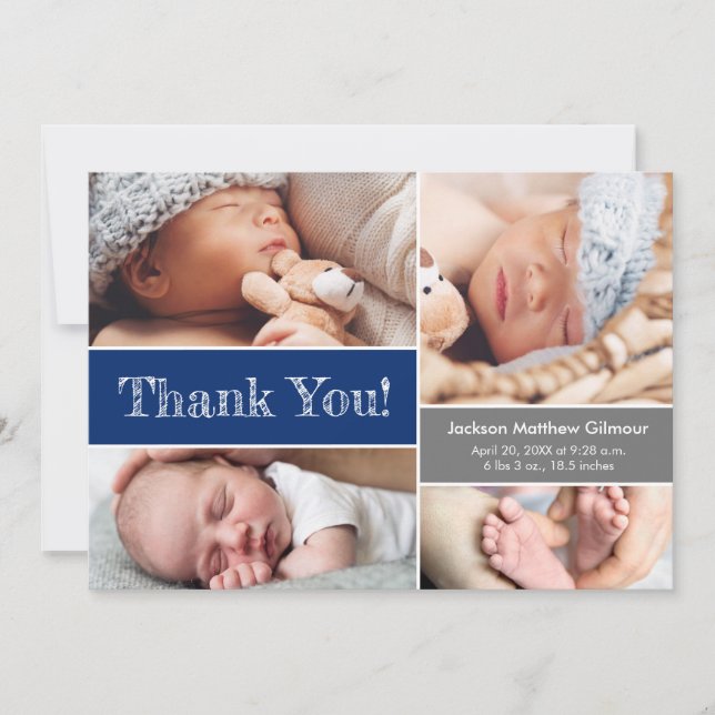 Tarjeta De Agradecimiento Blue Multiple Photos Baby Boy Shower Sketch (Anverso)
