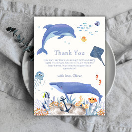 Tarjeta De Agradecimiento Blue Neutral Ocean Dolphin Whale Boy Baby Shower