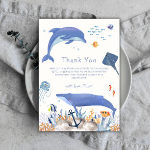 Tarjeta De Agradecimiento Blue Neutral Ocean Dolphin Whale Boy Baby Shower