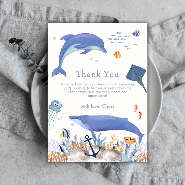 Tarjeta De Agradecimiento Blue Neutral Ocean Dolphin Whale Boy Baby Shower (Blue Neutral Ocean Dolphin Whale Boy Baby Shower Thank You Card)