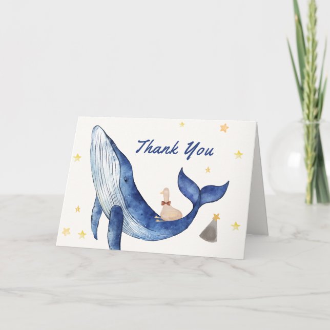 Tarjeta De Agradecimiento Blue Ocean Whimsical Duck Stars Whale Baby Shower (Anverso)