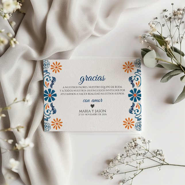Tarjeta De Agradecimiento Blue Orange Floral Elegant Fiesta Spanish Wedding (Blue Orange Floral Elegant Fiesta Spanish Wedding Thank You Card)