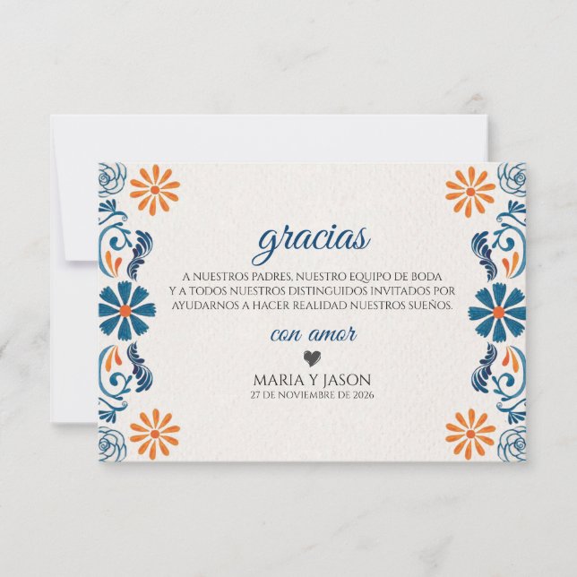 Tarjeta De Agradecimiento Blue Orange Floral Elegant Fiesta Spanish Wedding (Anverso)