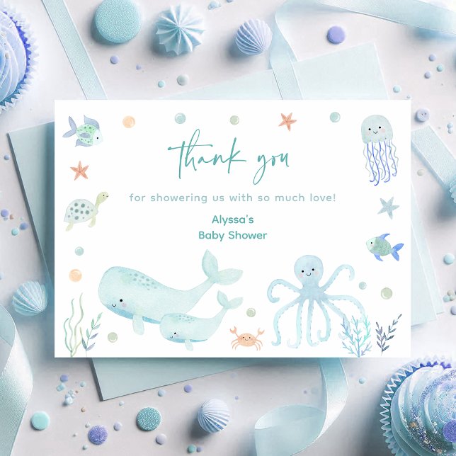 Tarjeta De Agradecimiento Blue Pastel Under the Sea Baby Shower (Subido por el creador)