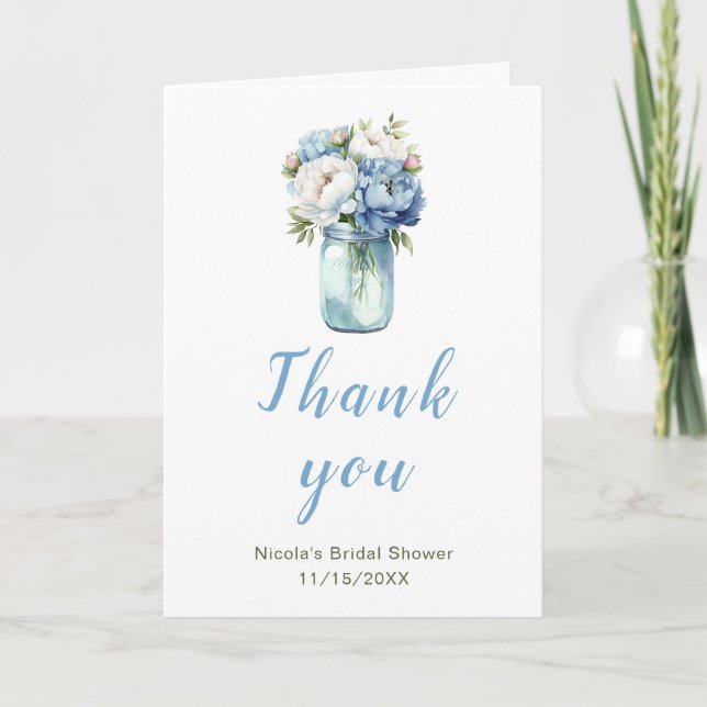 Tarjeta De Agradecimiento Blue Peonies Mason Jar Bridal Shower (Anverso)