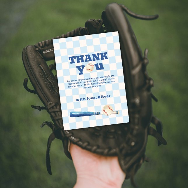 Tarjeta De Agradecimiento Blue Plaid Little Slugger Baseball Baby Shower  (Blue Plaid Little Slugger Baseball Baby Shower Thank You Card)