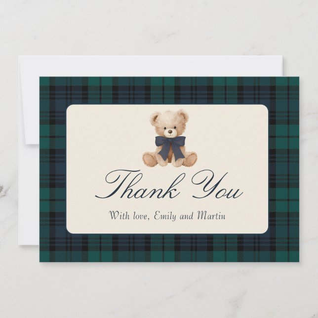 Tarjeta De Agradecimiento Blue Plaid Teddy Bear Baby Shower Thank You Card (Anverso)