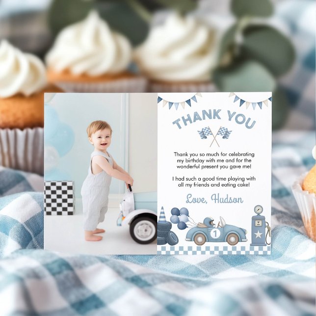 Tarjeta De Agradecimiento Blue Race Car Boy Birthday Party Photo (Subido por el creador)