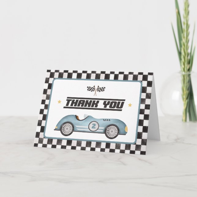 Tarjeta De Agradecimiento Blue Race Car Two Fast Boy Birday Party (Anverso)