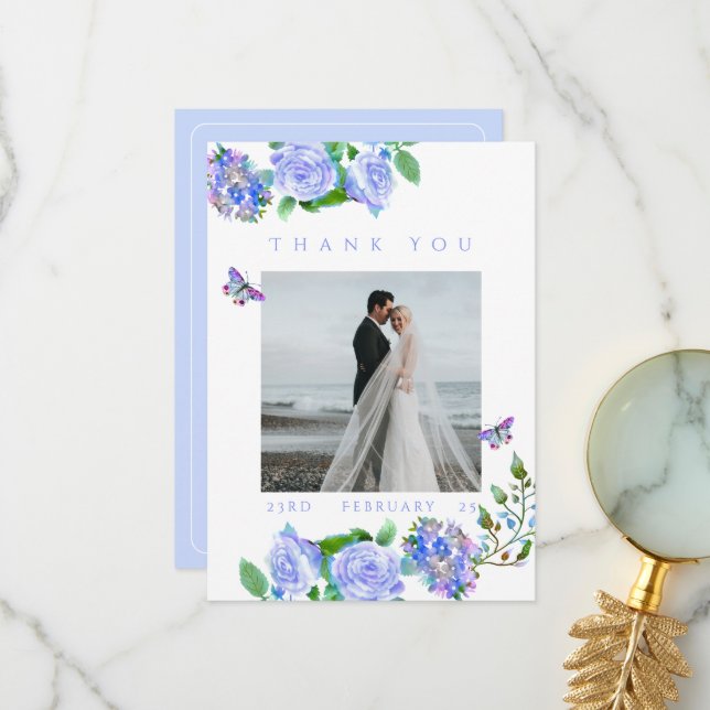 Tarjeta De Agradecimiento Blue Rose Ribbon Monogram Photo Wedding Thank You  (Anverso/Reverso In Situ)