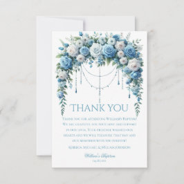 Tarjeta De Agradecimiento Blue Rose & Silver Cross Baptism Thank You Card