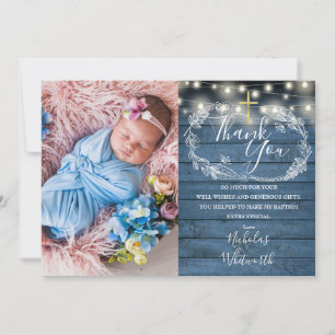 Tarjeta De Agradecimiento Blue Rustic String Lights Photo Baptism