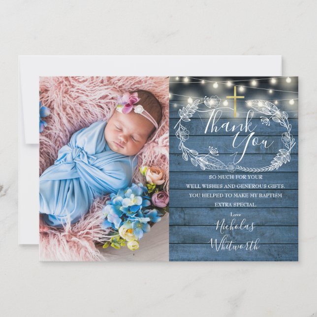 Tarjeta De Agradecimiento Blue Rustic String Lights Photo Baptism (Anverso)