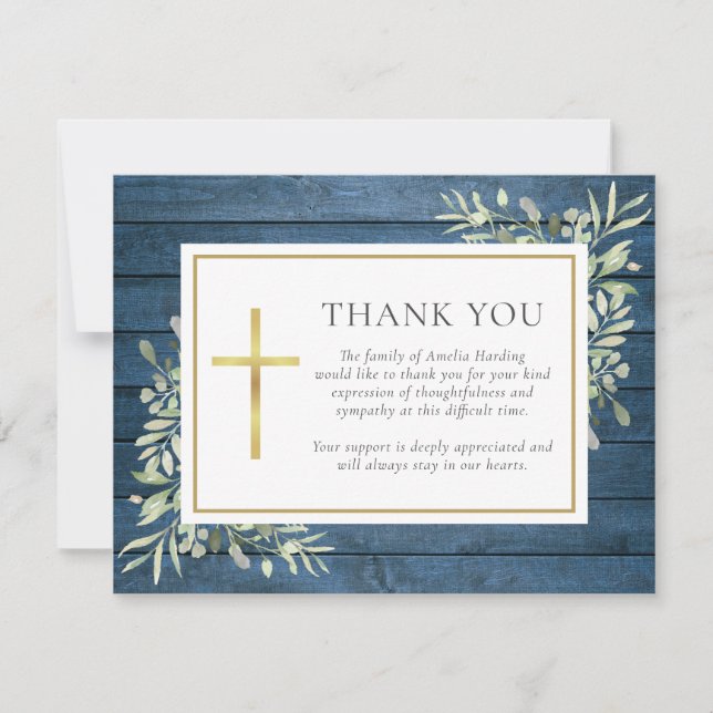 Tarjeta De Agradecimiento Blue Rustic Wood Greeneration Christian Funeral (Anverso)