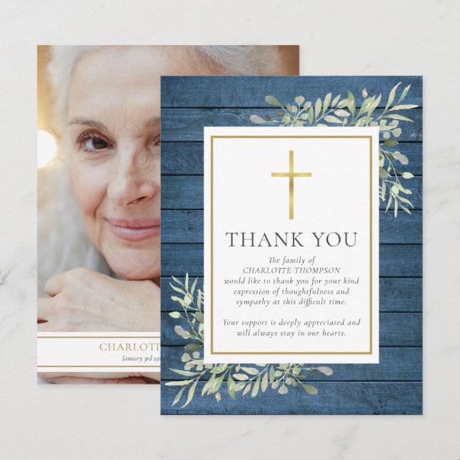 Tarjeta De Agradecimiento Blue Rustic Wood Greenereny Christian Photo Funera (Anverso / Reverso)