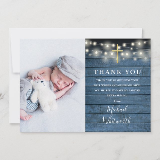 Tarjeta De Agradecimiento Blue Rustic Wood String Ilumina Foto Bautismo (Anverso)