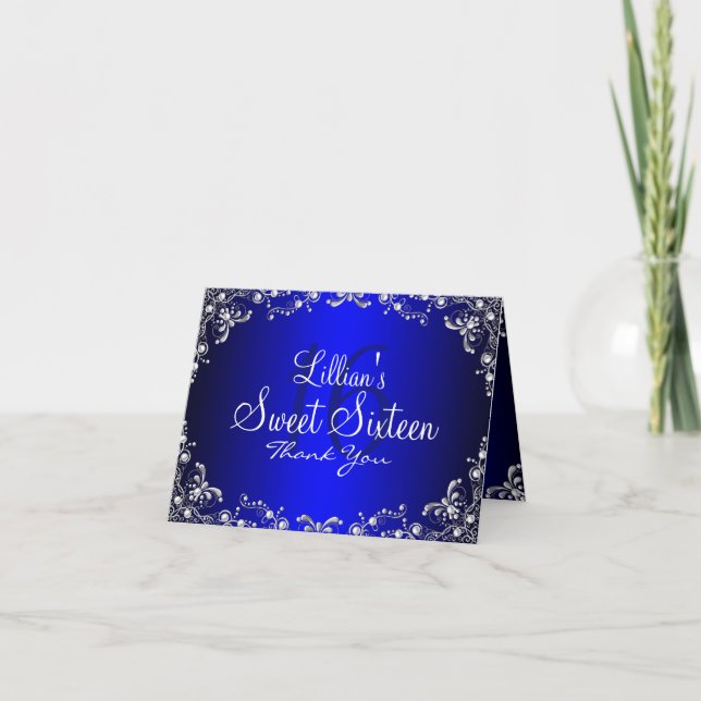 Tarjeta de agradecimiento Blue Silver Pearl Damask (Anverso)