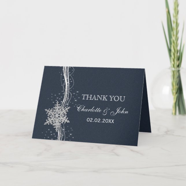 Tarjeta De Agradecimiento Blue Silver Snowflakes Invierno Boda de Invierno G (Anverso)