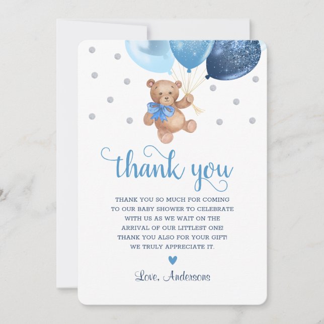 Tarjeta De Agradecimiento Blue Silver Teddy Bear Beary Many Baby Shower (Anverso)