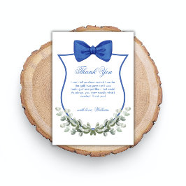 Tarjeta De Agradecimiento Blue Simple Bow Eucalyptus Escudo Boy Baby Shower