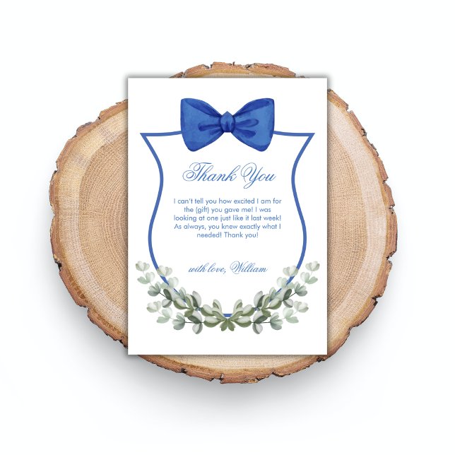 Tarjeta De Agradecimiento Blue Simple Bow Eucalyptus Escudo Boy Baby Shower (Blue Simple Bow Eucalyptus Crest Boy Baby Shower Thank You Card)