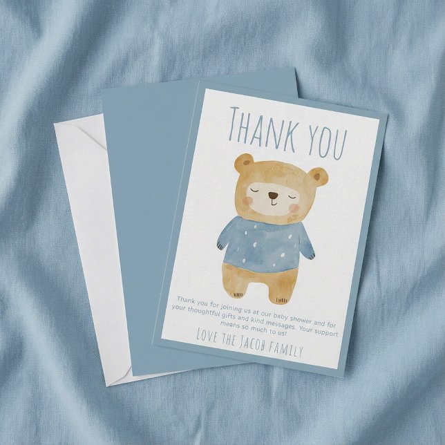 Tarjeta De Agradecimiento Blue sleepy Bear Baby Shower Cute gracias (Blue sleepy Bear Baby Shower Cute thank you.)