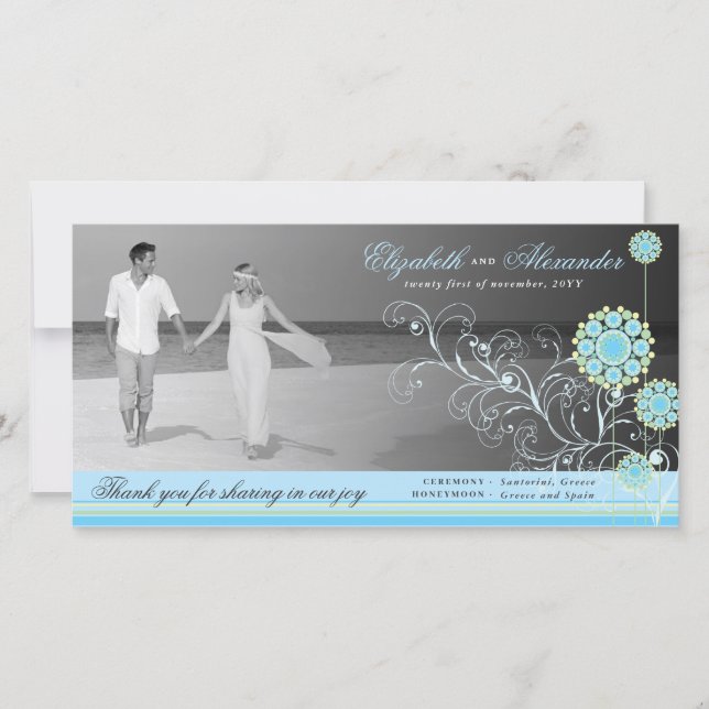 Tarjeta De Agradecimiento Blue Snow Flower Swirls Winter Wedding Gracias (Anverso)