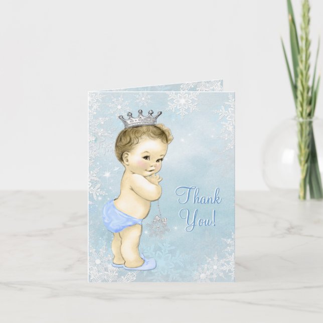 Tarjeta De Agradecimiento Blue Snowflake Boy Baby Shower Gracias (Anverso)