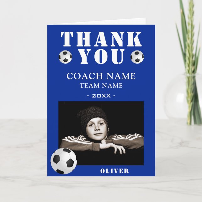 Tarjeta De Agradecimiento Blue Soccer Football Sports Photo Coach  (Anverso)