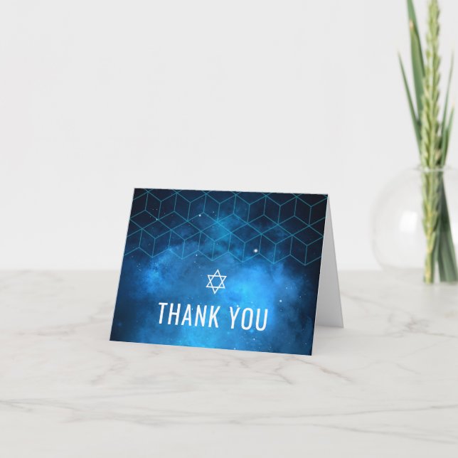 Tarjeta De Agradecimiento Blue Space Galaxy Bar Mitzvah (Anverso)