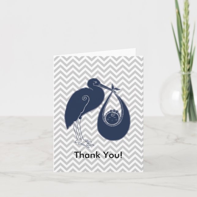 Tarjeta De Agradecimiento Blue Stork Baby Shower Gracias (Anverso)