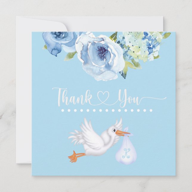 Tarjeta De Agradecimiento Blue Stork Monogram Floral Baby Shower Gracias (Anverso)