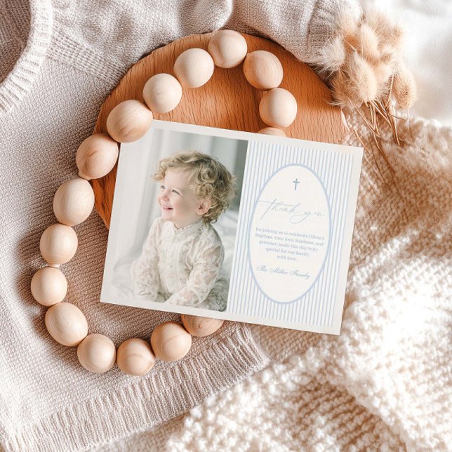 Tarjeta De Agradecimiento Blue Striped Baptism Flat Thank You Card (Subido por el creador)