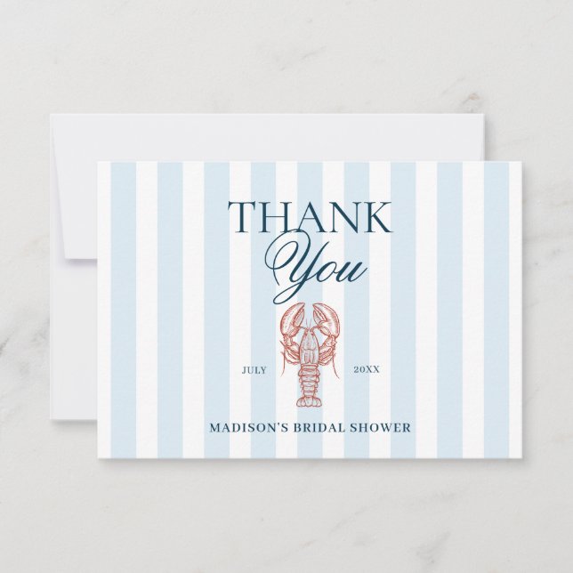 Tarjeta De Agradecimiento Blue Striped Lobster Theme Bridal Shower (Anverso)