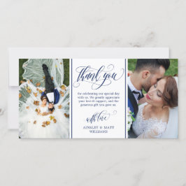 Tarjeta De Agradecimiento Blue Swirly Script Dos Fotos Bodas Gracias