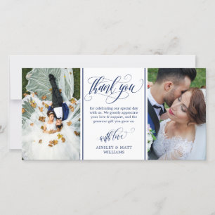 Tarjeta De Agradecimiento Blue Swirly Script Dos Fotos Bodas Gracias