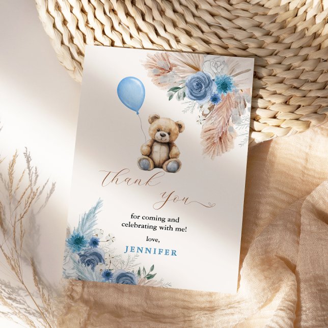 Tarjeta De Agradecimiento Blue Teddy Bear Baby Shower Florals Pampas Grass (Subido por el creador)